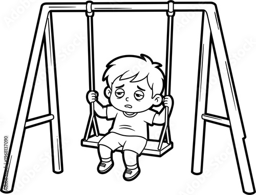 Little Boy Swinging on Playground Swing.