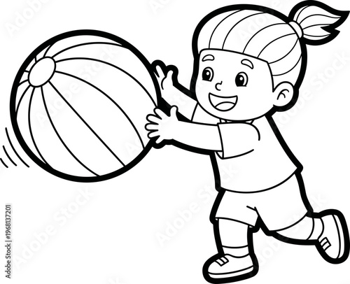 Little girl playing with big ball.