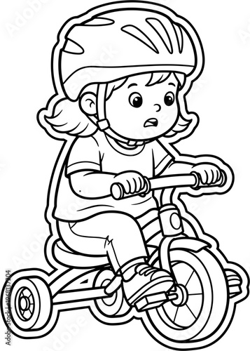 Little girl riding tricycle with helmet.