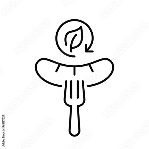 German sausage on a fork, leaf and renew arrow. Sustainable food and delivery. Pixel perfect, editable stroke vector icon