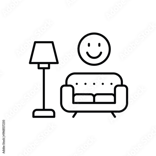 Living room with sofa and smile. Comfortable interior and furniture, rest and house. Pixel perfect, editable stroke vector icon