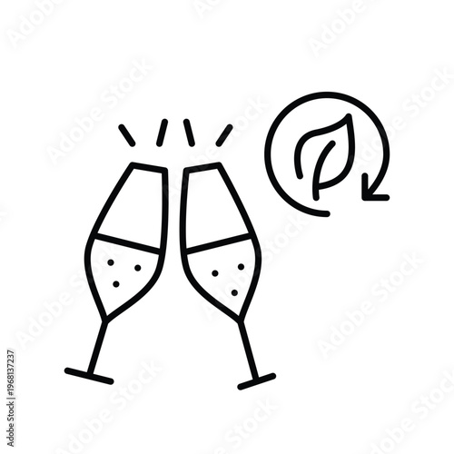 Champagne toasting, leaf and renew arrow. Sustainable wine and party. Pixel perfect, editable stroke vector icon