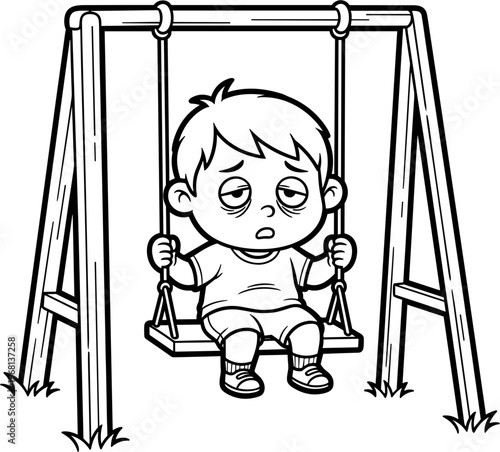 Sad little boy on swing set.
