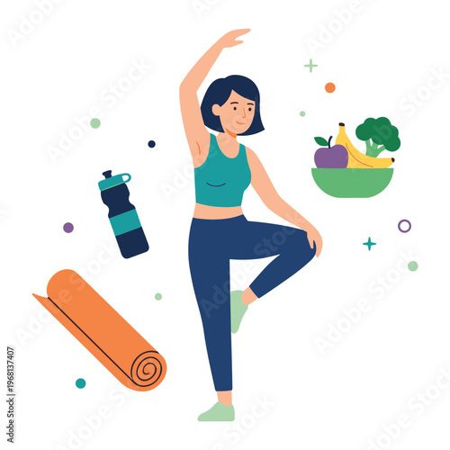 Woman practices yoga with healthy food and water bottle nearby indoors
