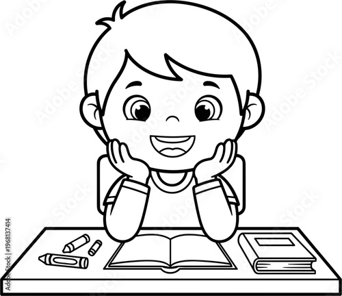 Smiling Boy Sitting at Desk Studying.
