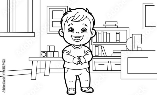 Smiling Boy Standing Alone Indoors.