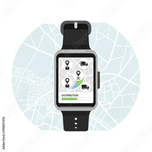 A smartwatch displaying a logistics and delivery tracking application with a map, location pins, and delivery trucks, set against a stylized map background.