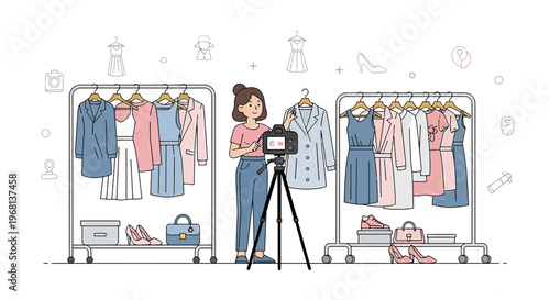 Fashion Blogger Recording Outfit Ideas with Camera and Clothes Racks
