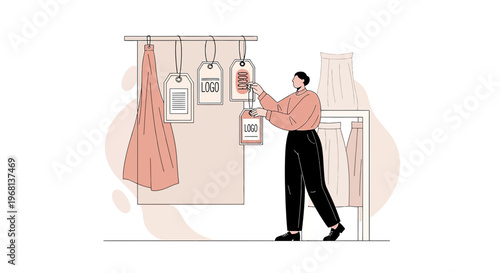 Fashion Designer Creating New Clothing Line with Tags and Logos