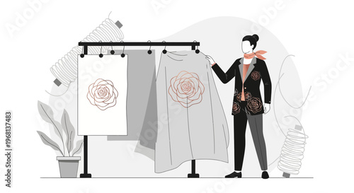 Fashion Designer Creating Rose Patterned Garment | Illustration