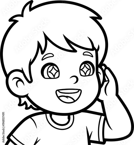 Smiling Boy with Hand on Ear.