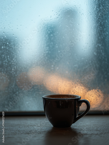 Coffee cup sits on a table near a rainy window with city lights in the background during a gloomy afternoon