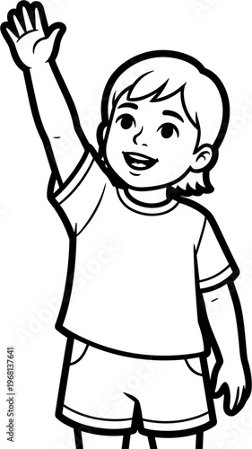 Smiling young boy waving hand.