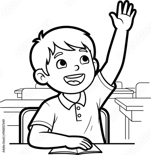 Smiling young boy raising his hand.