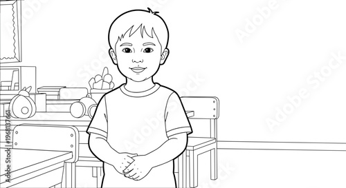 Smiling young boy with short hair.