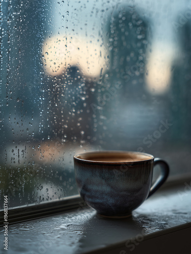 Rainy day scene with a cup of coffee on a windowsill in an urban setting during sunset