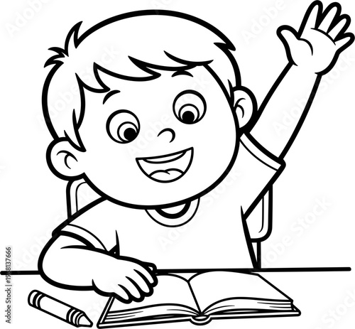 Smiling young boy with raised hand.