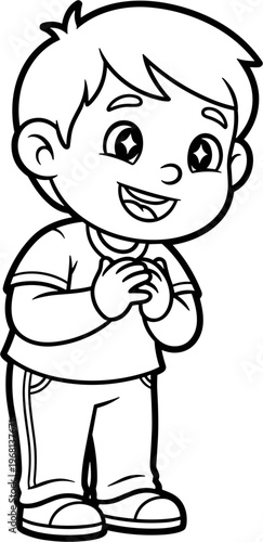 Smiling young boy with hands clasped.