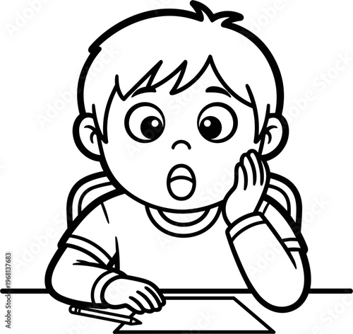 Surprised boy sitting at desk drawing.