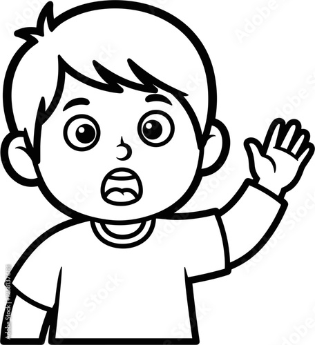 Surprised boy waving his hand.