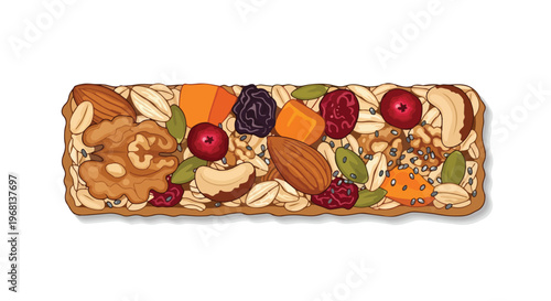 Energizing granola bar full of delicious nuts, wholesome oats, and colorful dried fruits for a healthy snack