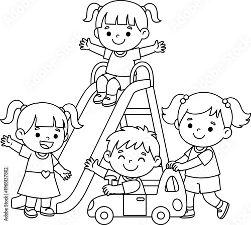 Three children playing with toy car.