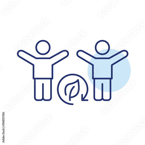 Group of people celebrating, leaf and renew arrow. Eco-friendly community, sustainable teamwork and cooperation. Pixel perfect, editable stroke vector icon