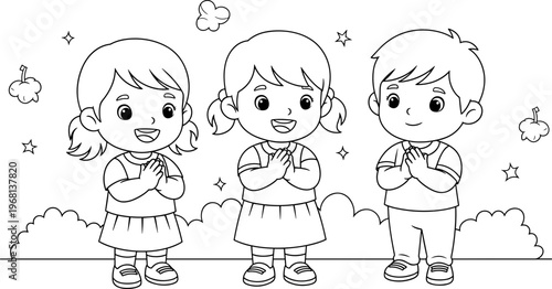 Three children with hands together smiling.