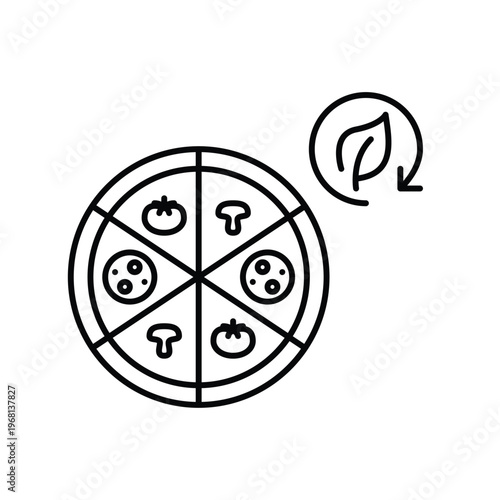Pizza, leaf and renew arrow. Sustainable food and delivery. Pixel perfect, editable stroke vector icon