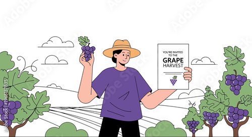 Farmer Holding Grapes and Invitation for Grape Harvest Festival