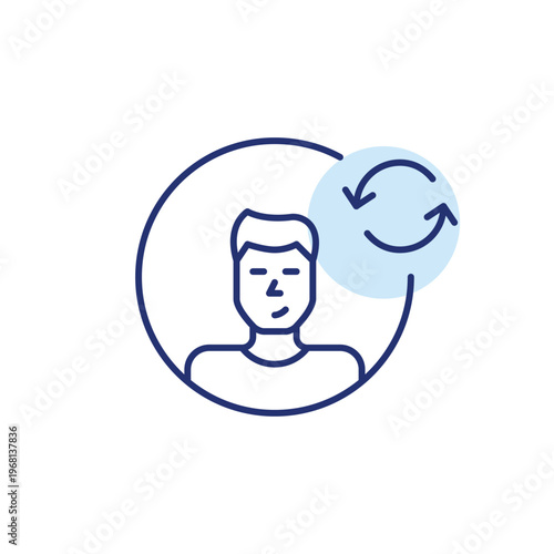 Young man user avatar and renew arrows. Profile picture refresh, account renewal, user update. Pixel perfect, editable stroke vector icon