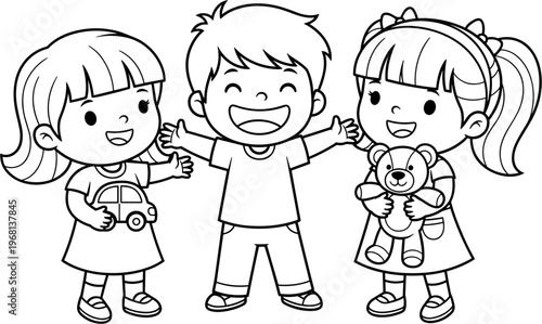 Three children standing together smiling.