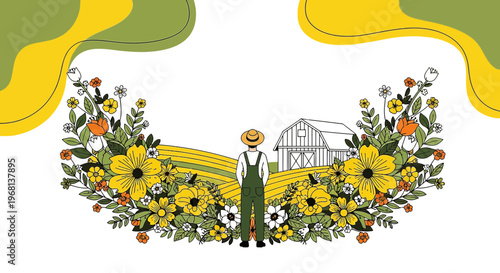 Farmer in Field with Flowers and Barn - Organic Farming Concept