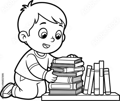 Toddler playing with stack of books.