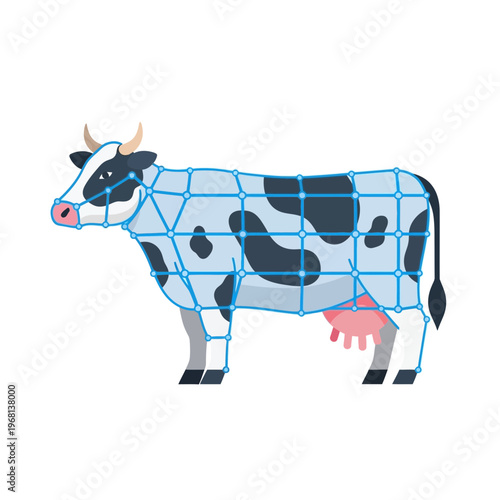 Digital representation of a dairy cow with a data grid overlay, illustrating animal tracking, bioinformatics, or smart farming concepts.