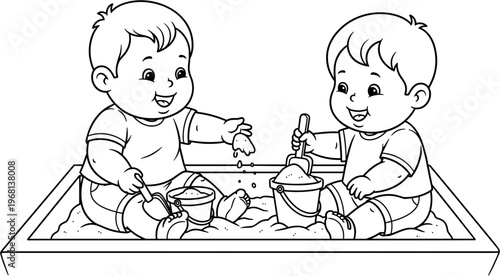 Two smiling babies playing sand.