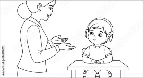 Woman helping a young boy.