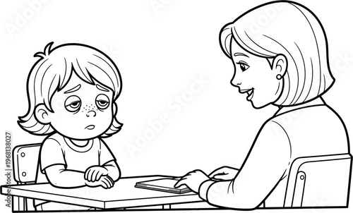 Woman talks to young girl sitting.