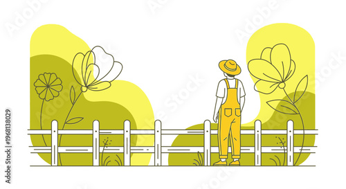 Farmer in Overalls Admiring Garden Flowers in Summer
