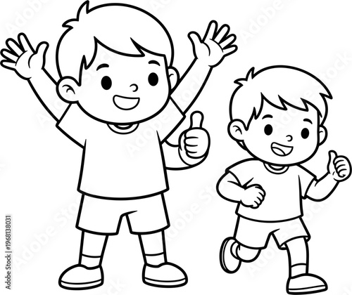 Two happy boys with hands up.