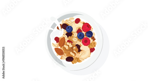 A vibrant wholesome breakfast bowl featuring crunchy granola, fresh juicy berries, creamy yogurt, and a medley of nutritious nuts, ideal for a
