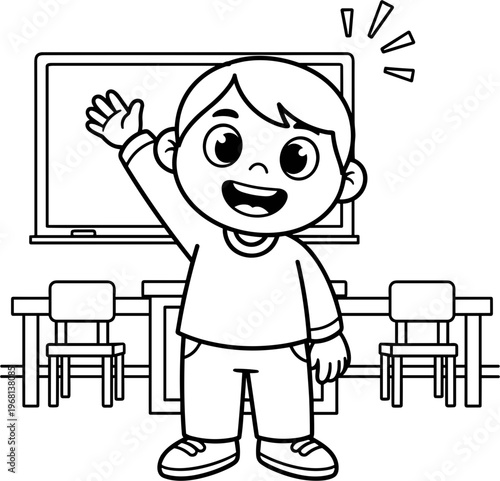 Young Boy Waving in Classroom Setting.