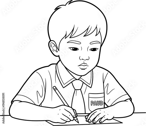 young boy writing with pencil.