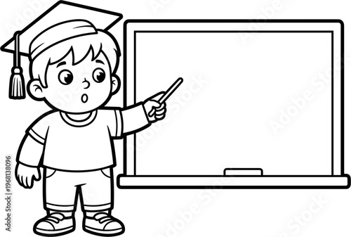 Young boy wearing graduation cap pointing.