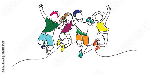 Line art drawing of a group of teenagers jumping together with joyful and energetic expressions. One continuous line drawing for youth lifestyle concept, friendship theme, and positive energy.