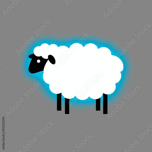 A stylized white sheep with a black head and legs, glowing with a bright blue aura on a solid grey background.