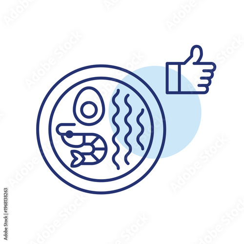 Prawn ramen noodles and thumbs up. Asian takeaway food high quality, customer satisfaction. Pixel perfect, editable stroke vector icon