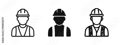 Construction Worker or Engineer Icon Set. Outline, Solid, and Hand-Drawn Styles for Industry and Labor.