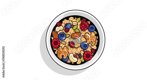 Wholesome Breakfast Bowl Illustration Featuring Granola Mixed with Fresh Berries, Assorted Nuts, and Healthy Seeds, A Perfect Start to Your Day Indeed