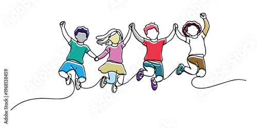 Line art drawing of diverse children of different races and skin tones jumping with joyful expressions. One continuous line drawing for unity concept, inclusivity theme, and playful energy.